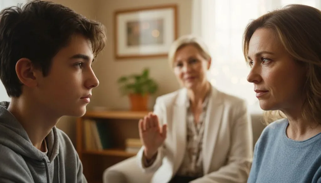 Parent and teenager practicing active listening during family therapy
