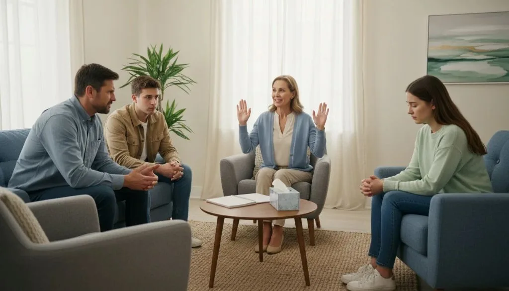 Therapist helping a family manage conflict during a therapy session