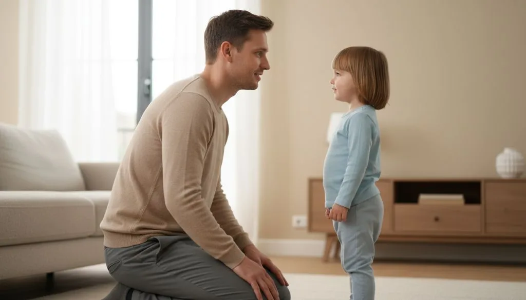 A father kneels to speak with his young child at eye level in a warm, sunlit room.