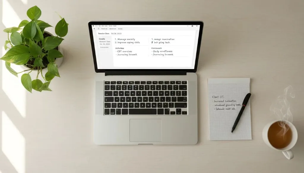 Therapist's desk with session planning template and progress notes