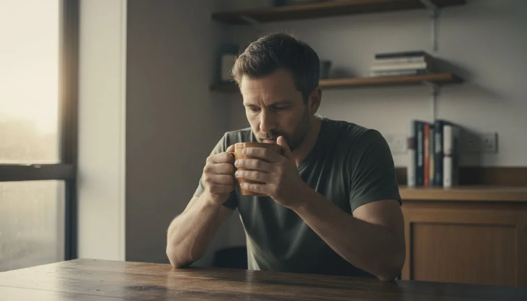 A father sits at a kitchen table in morning light, holding a mug and reflecting.