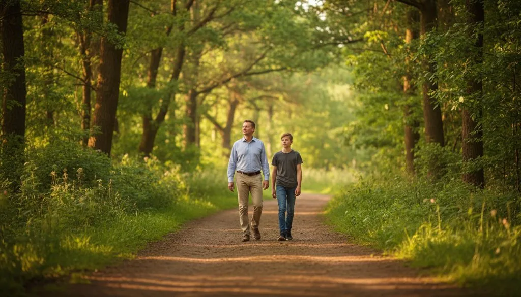 A father and teenage child walk side by side with comfortable space between them, symbolizing healthy independence.