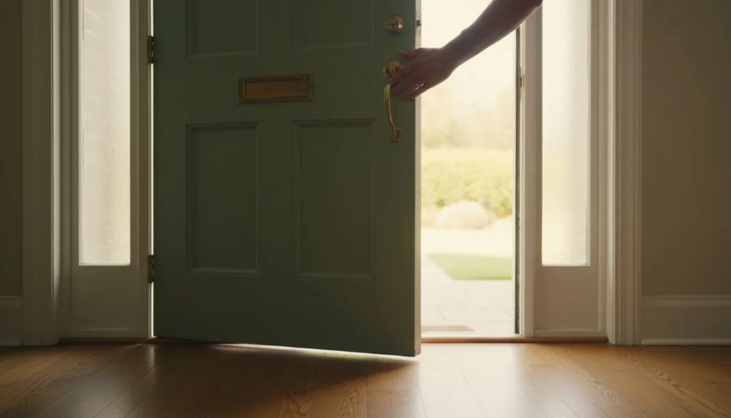 A father's hand rests gently on an open doorframe as warm light streams in.