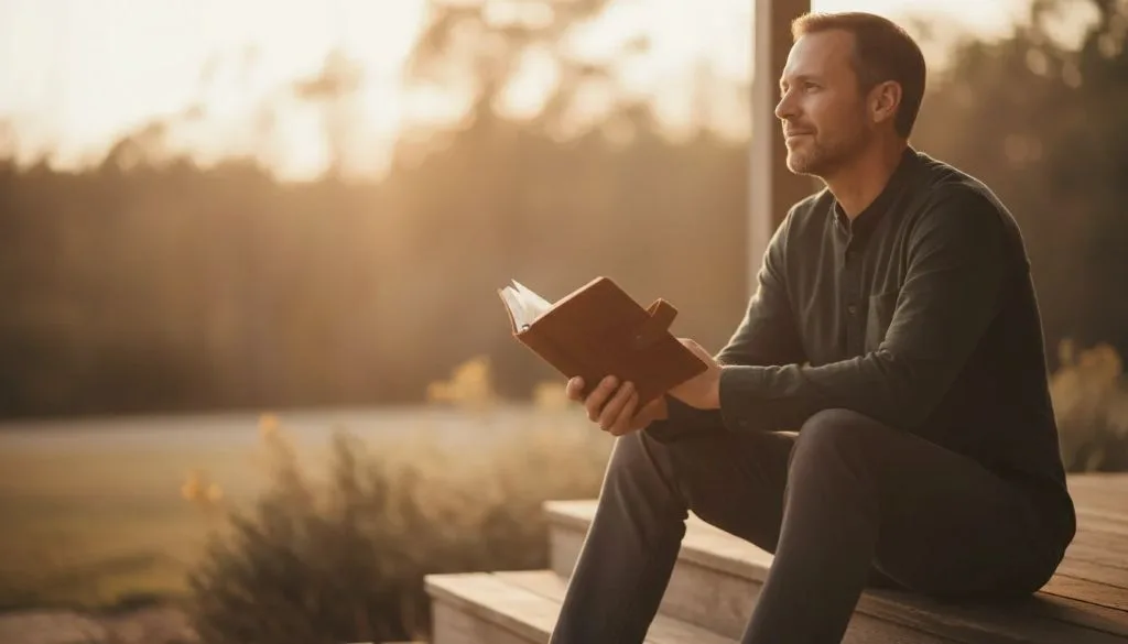 A father sits on a porch step at sunset, journaling and reflecting on fatherhood