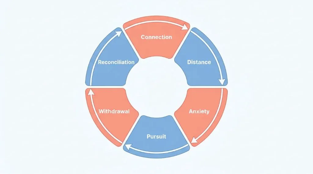 Circular diagram showing the six steps of the anxious-avoidant cycle: Connection, Distance, Anxiety, Pursuit, Withdrawal, Reconciliation
