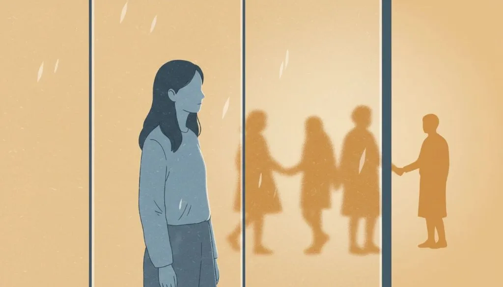 Minimalist illustration of a person behind a glass wall while others gather warmly on the other side, symbolizing emotional distance and hidden longing