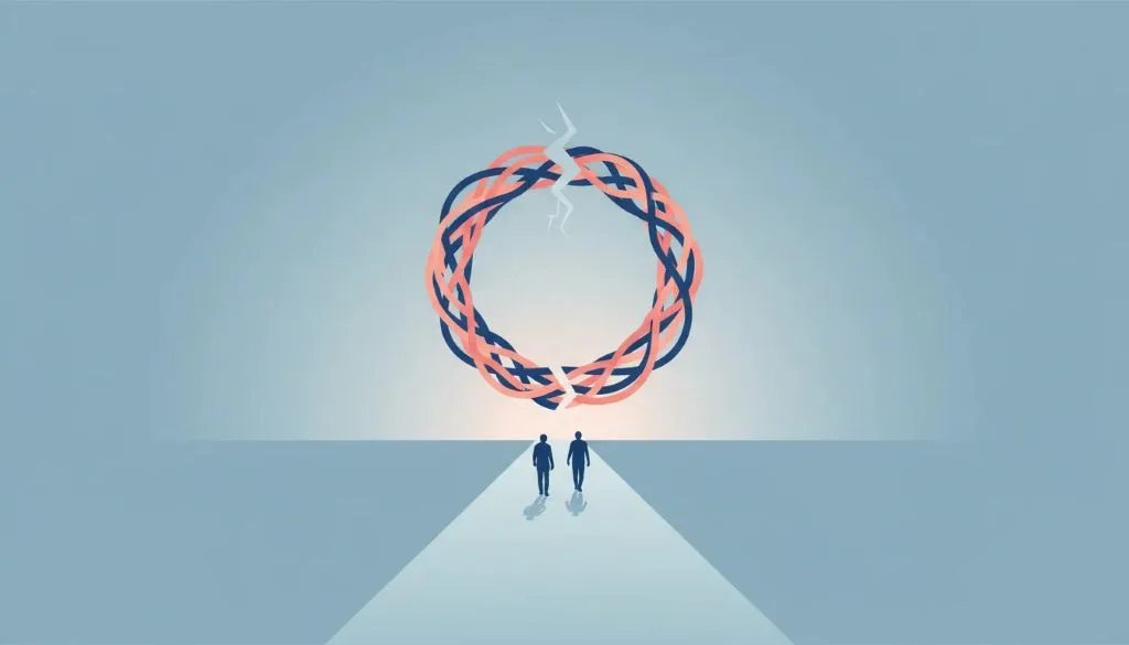 Symbolic illustration of a broken cycle opening into a straight path, representing breaking the anxious-avoidant pattern