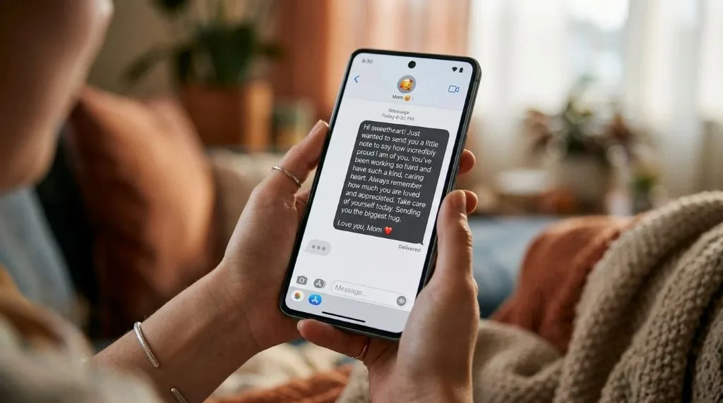 Close-up of a smartphone showing a thoughtful and kind text message