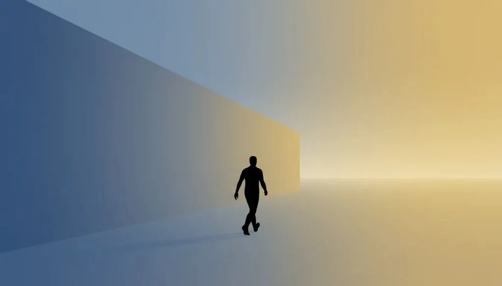 Symbolic illustration of a figure walking from a cold walled space toward a warm sunlit landscape, representing healing from dismissive-avoidant attachment