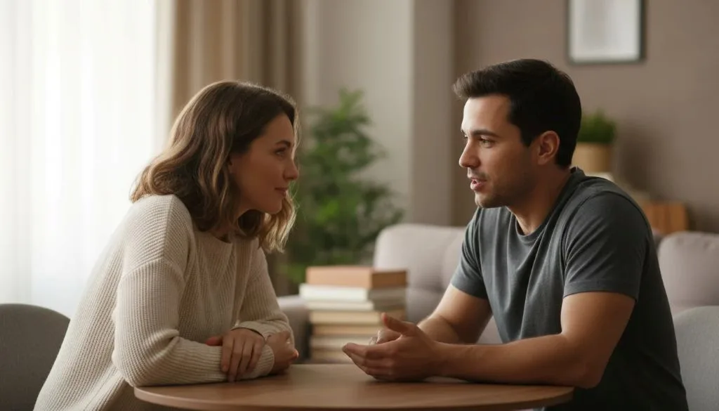 Couple having a calm and open conversation across a table, representing healthy communication in relationships