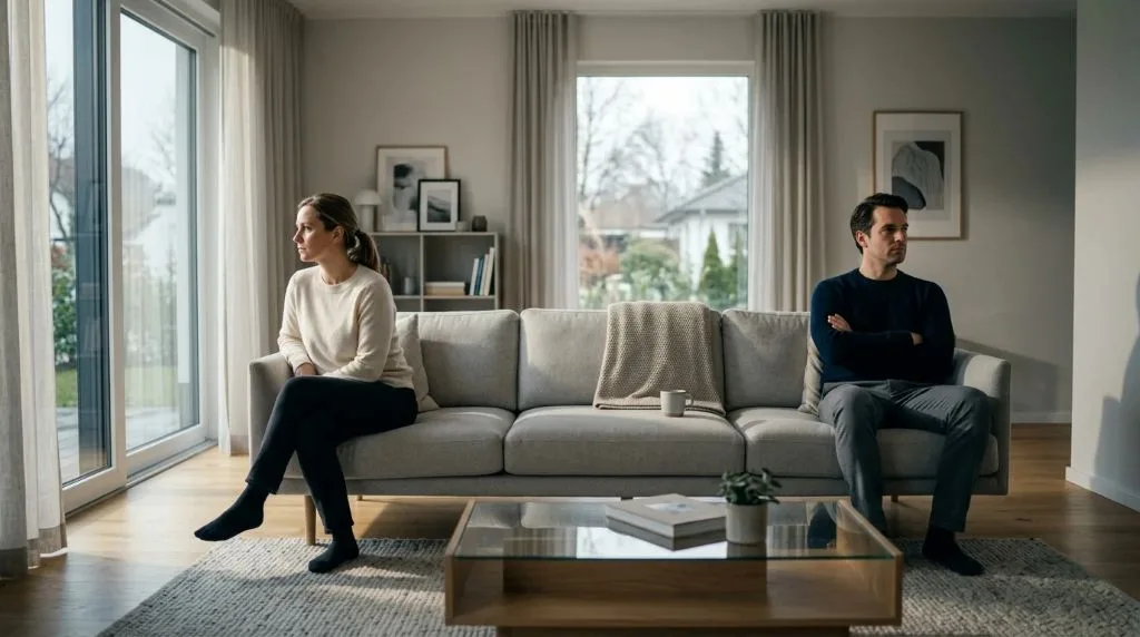 Couple sitting apart on a couch, illustrating emotional distance in an anxious-avoidant relationship