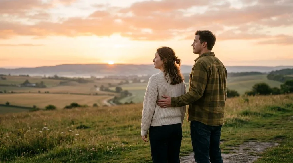 Two people standing side by side in soft morning light, symbolizing teamwork and shared language
