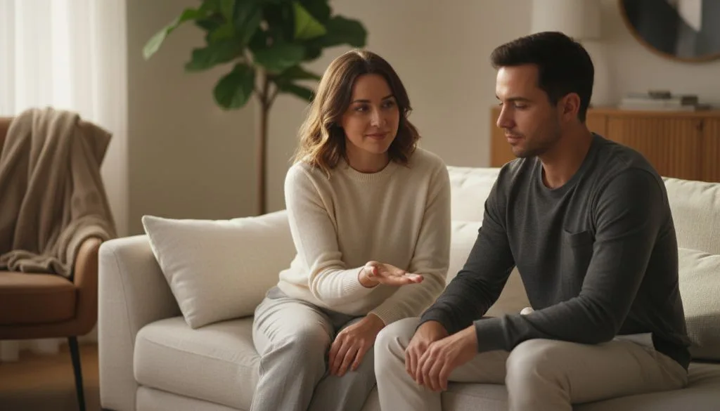 Two people sitting side by side on a couch, one gently reaching out while the other looks thoughtful, representing communication with a dismissive-avoidant partner