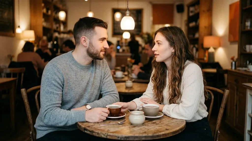 Couple sitting across a small table making gentle eye contact during a calm conversation
