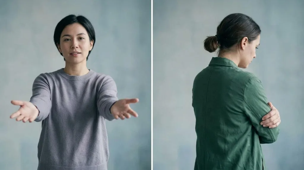 Split-screen visual showing one person reaching out and another turning away, symbolizing the pursue-withdraw cycle